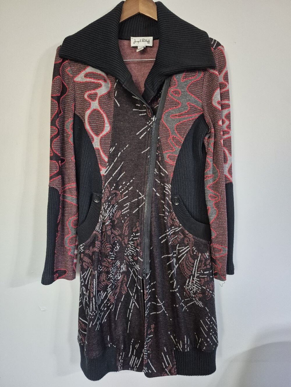 Joseph Ribkoff Retro Multi Pattern Long Line Sweater Jacket Size 16